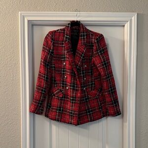 Red and Black Preppy Plaid Boucle Blazer